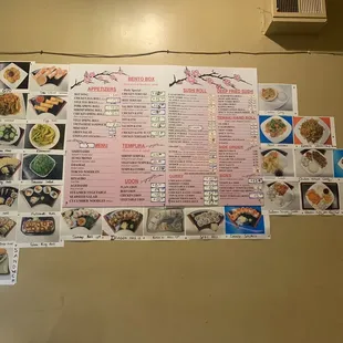 a variety of food items displayed on a wall