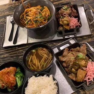 Pork belly platter and kalbi with noodles