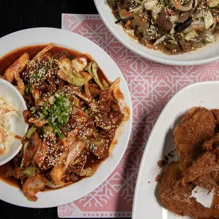 Korean Fried Chicken and Spicy BBQ Pork and Ricecakes