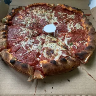 Chicago style pan pepperoni, onions and green peppers.