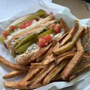 Chicago style hotdogs with fries.