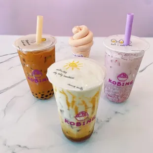Thai Milk Tea, Biscoff Coffee, Fresh Strawberry Milk Tea &amp; Peach Soft Serve