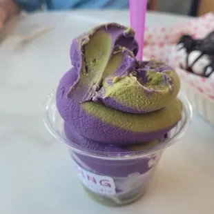Green tea and ube soft serve ice cream