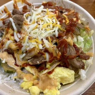 Soy pork over white rice (customized bowl) with ssamjang mayo and gochujang