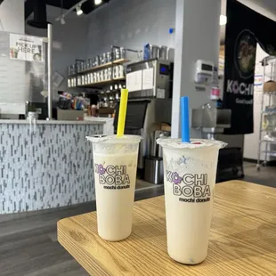 (left) peach oolong milk tea  (right) wintermelon milk tea (added: brûlée &amp; sea salt foam)