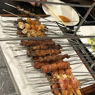 Mixed skewers (beef, beef intestine, bacon mushroom, mini sausage)