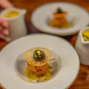1. Sweet Pumpkin (pumpkin soup, spaghetti squash, potato tuile, caviar)
