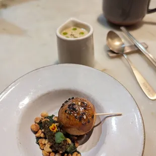 SWEET POTATO SOUP 군 고구마 Chapsal Beignet, Caramelized Apple, Toasted Yulmu, Caviar