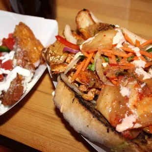 Tortilla Espanola (left) and Chicken Chino Latino Lomo Saltado (right)