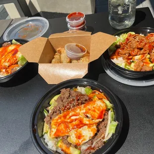 Bulgogi bibimbap with a fried egg on top. Fried pork dumpling (mandu)