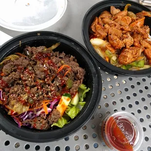 Bulgolgi rice bowl and spicy chicken japchae. Both were delicious!