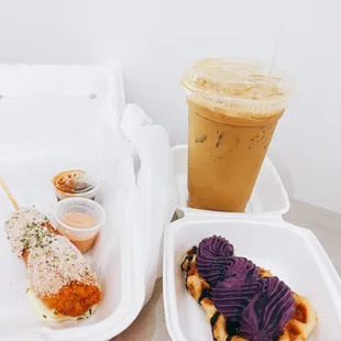 Korean corn dog, ube croffle, and Vietnamese iced coffee with extra condensed milk