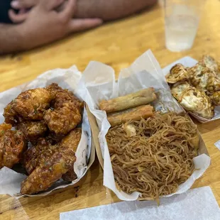 Soy garlic wings, pancet and lumpia, chicken dumplings