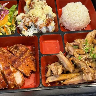 3 item bento lunch. Skip the pork katsu and crunchy roll. Go for the spicy tuna