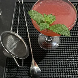a cocktail in a glass with a mint leaf garnish