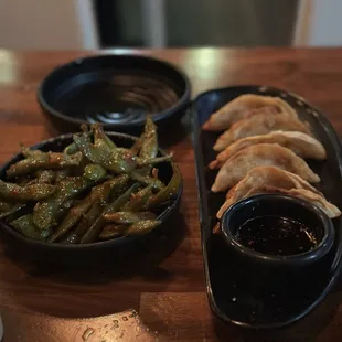 Spicy edamame and pork gyoza