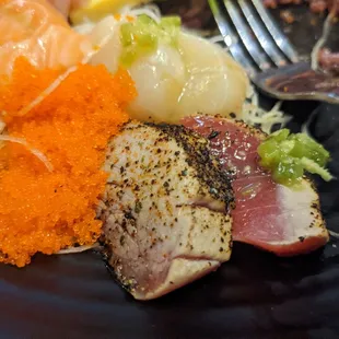 Seared ahi masago and scallop