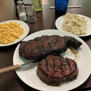 Ribeye steak &amp; Filet steak combo with 2 sides, Mac &amp; cheese and chunky mashed potatoes. Steak grilled to perfection!!!  This is ONE entrée!!