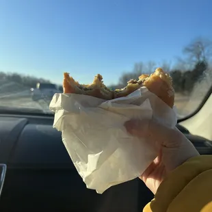 a hand holding a piece of bread