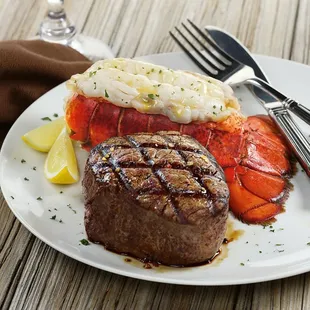 a steak and lobster