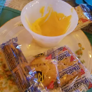 Cheez Wiz and crackers appetizer, crazy man!