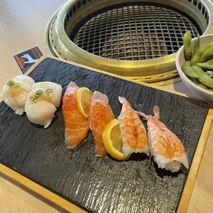 Kaibashira   Scallop - Nigiri   2 pcs. Sake   Salmon - Nigiri   2 pcs. Ebi   Shrimp - Nigiri   2 pcs.