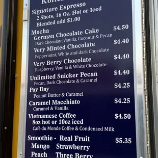 Menu as of 10/12/2020