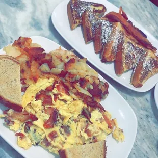 Meat Lovers scramble with bacon, home fries &amp; toast. French toast with bacon.