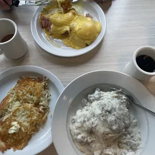 What's for breakfast?  Egg Benedict and Biscuits with sausage gravy. Side of hash browns.