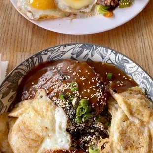 top: two 2 Eggs with Bulgogi / bottom: Loco Moco