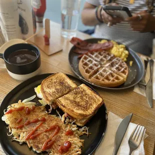 BLT Sandwich, Hash Browns, Waffle and 2 Eggs with Turkey Bacon