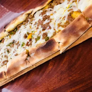 Juju's Boat with Beef Muhammara, Cheese