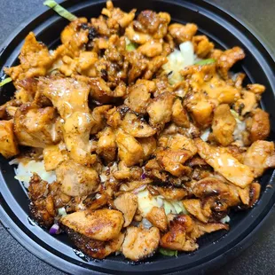 Regular sized bowl... half chicken and half pork
