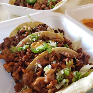 1 beef, 1 pork, 1 chicken taco