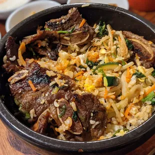 Mixed together kalbi dolsot bibimbap