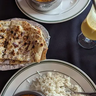 Chicken masala, chicken balti, mango lassi and onion chili naan