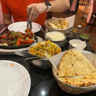 Tandoori meat sampler, naan, lamb biryani