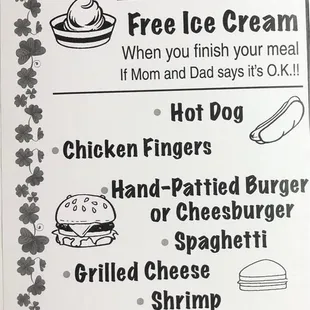 Kids&apos; menu