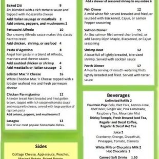 Menu pasta, seafood, &amp; beverages