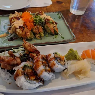 top: hot attack | bottom: spider roll, x2 sake sushi, x1 unagi sushi