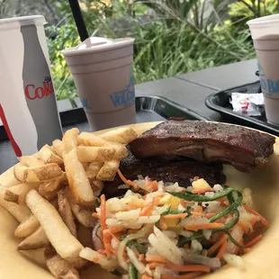 Hawaiian ribs with mango slaw and fries.