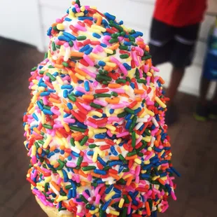 Vanilla custard on a regular come ROLLED in rainbow sprinkles!