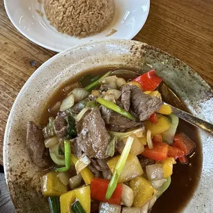 Mongolian Beef served with fried rice