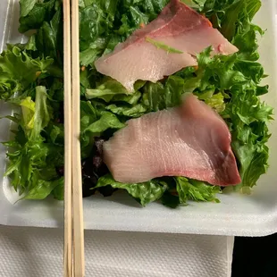 Fresh hamachi salad Delicious!  Ponzu sauce is also delicious