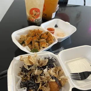 Popcorn Chicken, Takoyaki, Coconut Kumkwat, and Passion Fruit Green Tea