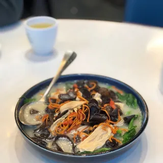 Poached Pea Shoots Tendrils with Supreme Broth and Black Fungus