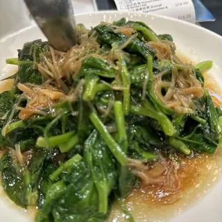 Dried Scallop Over Pea Shoot Tendrils