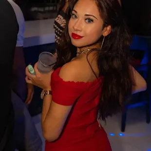 a woman in a red dress