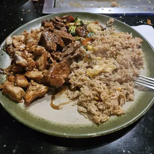 My very full plate Chichen and steak with fried rice and vegetables