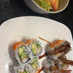 Green Salad Cucumber Roll Shrimp Tempura Roll  I also ordered habachi and cheesecake to go